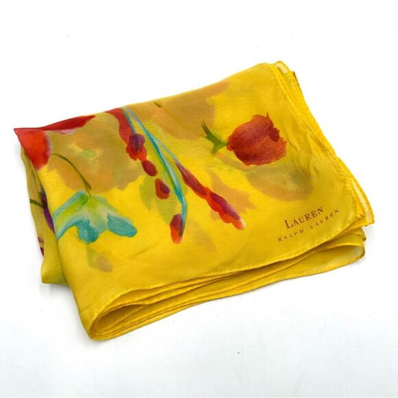 VINTAGE - LAUREN Ralph Lauren silk scarf - yellow with floral print - Picture 7 of 10